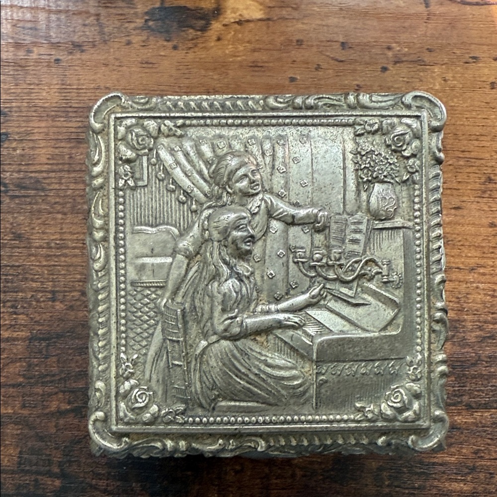 Antique Silver Jewelry Box with Red Interior